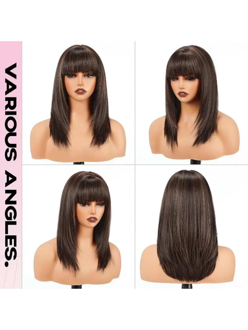 Women's 16 Inch Brown Gold Highlight Wig Bangs Layered Straight Shoulder Length